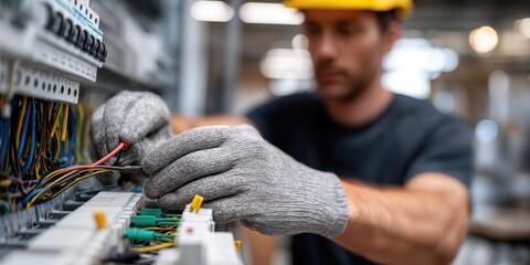 Electrician Working on Electrical Panel Wiring, Representing Skilled Trades and Infrastructure Maintenance, With Focus on Safety and Precision : Generative AI