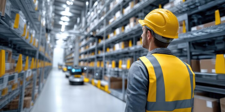 Warehouse Worker Overseeing Automated Inventory System, Showcasing Logistics Efficiency and Supply Chain Management : Generative AI