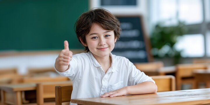 Young Student Giving Thumbs Up in Classroom, Representing Academic Success and Positive Feedback for Education : Generative AI