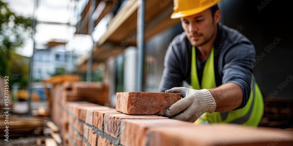 Poster bricklayer laying a brick on a wall at a construction site, showcasing skilled labor and infrastruct