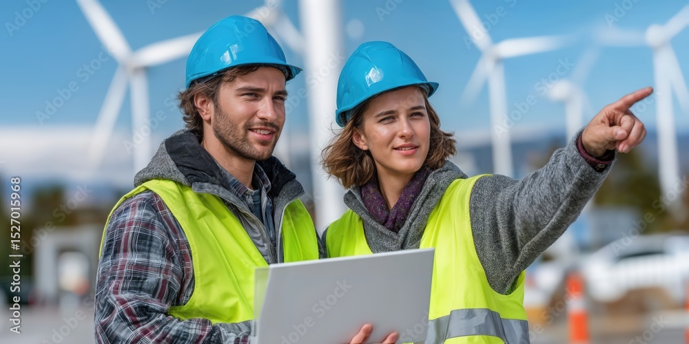 Poster two engineers in hard hats and safety vests inspecting wind turbines, representing sustainable energ