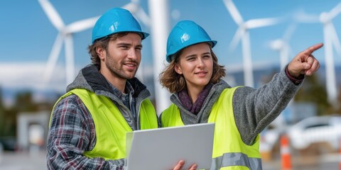 Two Engineers in Hard Hats and Safety Vests Inspecting Wind Turbines, Representing Sustainable Energy and Green Technology Solutions for Climate Change : Generative AI
