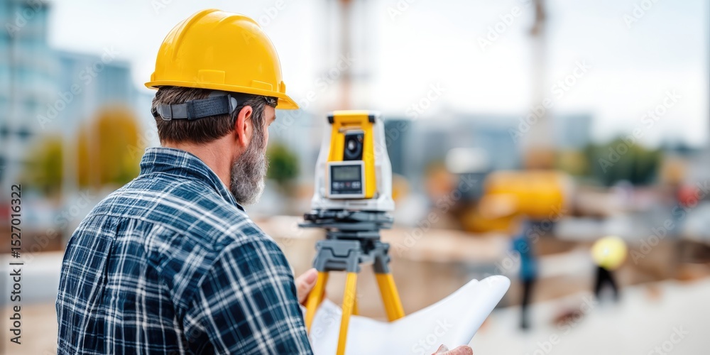 Poster Civil Engineer Using Theodolite at Construction Site, Representing Precision and Project Management, Wearing Hard Hat and Holding Blueprints for Infrastructure Development : Generative AI
