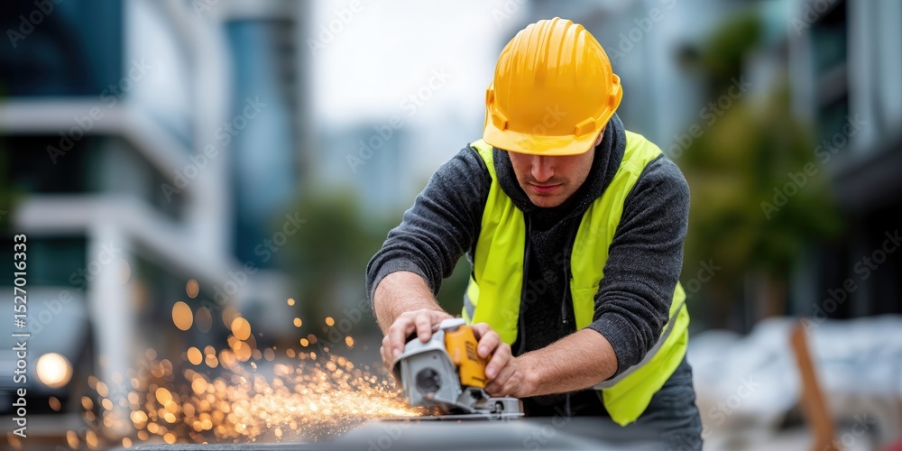 Poster construction worker grinding metal with sparks flying, showcasing precision and skilled tradesmanshi