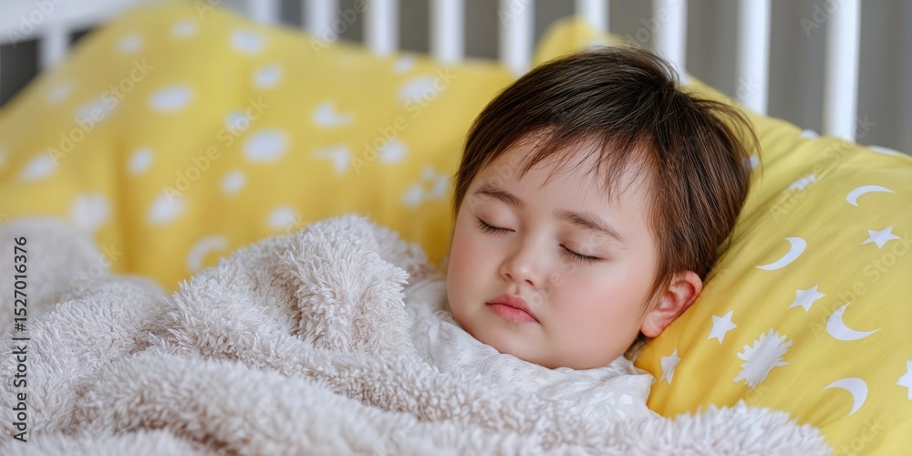 Poster toddler napping peacefully in crib with yellow pillow, representing childhood innocence and serenity