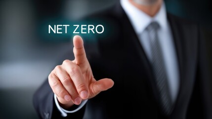 Executive Touching Net Zero Display, Representing Corporate Responsibility and Environmental Stewardship in Business Innovation and Sustainability Initiatives : Generative AI
