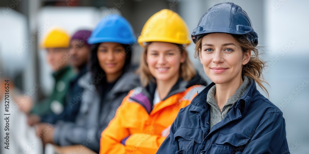 Poster diverse team of engineers wearing hard hats standing together, representing collaboration and workpl