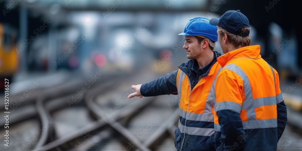 Poster Construction Workers in Safety Vests Discussing Project, Representing Teamwork and Infrastructure Development, with Railway Tracks in the Background : Generative AI