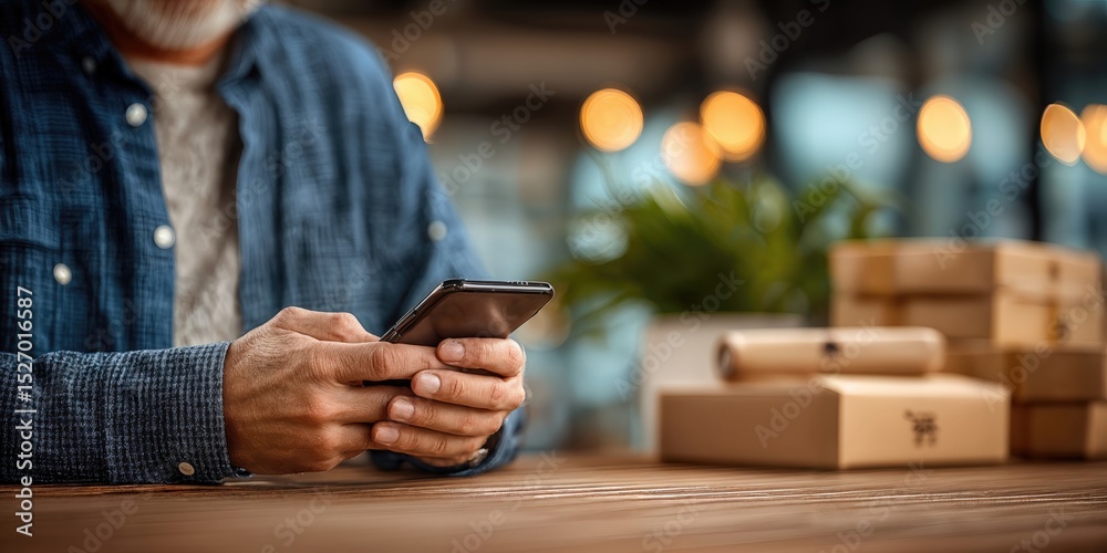 Poster mature man using smartphone at wooden table with parcels, representing ecommerce and delivery servic
