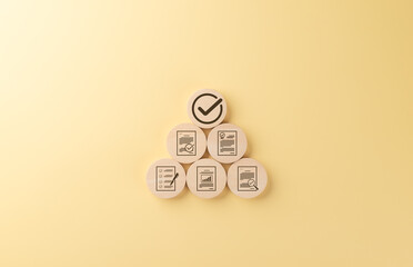 Quality control and certification assurance concept. Wooden blocks featuring quality control,...