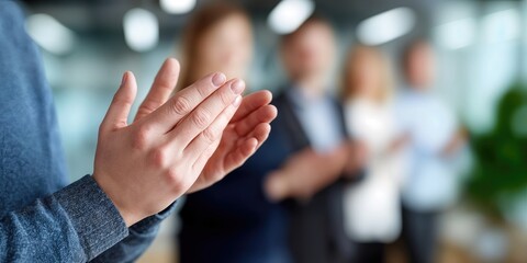 Plakat Close-Up of Hands Clapping at Business Meeting, Representing Teamwork, Recognition and Corporate Success, With Blurred People in Background : Generative AI