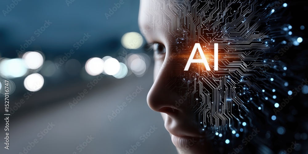 Aufkleber Human Profile With Circuit Board Overlay, Representing Digital Transformation and Technology Innovation in Artificial Intelligence : Generative AI