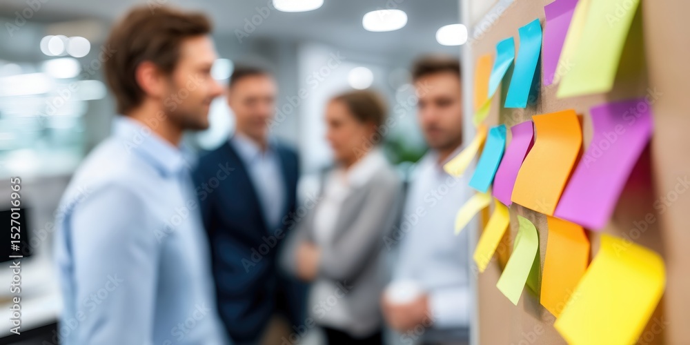 Poster Blurred Business Team Brainstorming With Colorful Sticky Notes, Representing Collaboration and Project Management : Generative AI