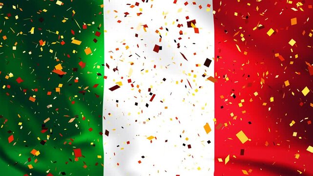 Italy celebration concept background with national flag in splashes of golden confetti