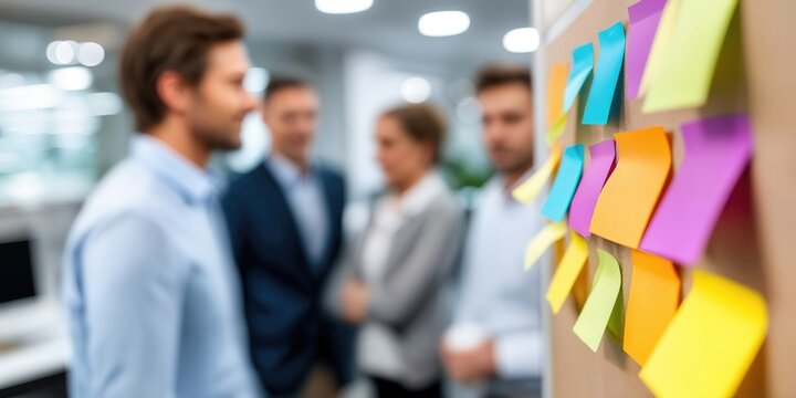 Blurred Business Team Brainstorming With Colorful Sticky Notes, Representing Collaboration and Project Management : Generative AI