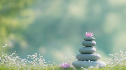 Gray stones stacked in a serene garden setting.