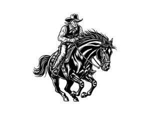 Obraz premium woodcut linocut engraving black ink print style illustration of a cowboy from wild west riding his black stallion horse
