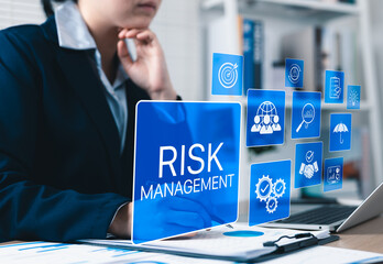Risk Management and Assessment Strategy Concept. Woman analyzing icons of risk management strategy,...