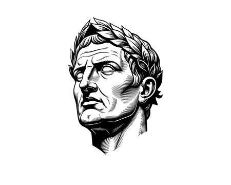 woodcut linocut engraving black ink print style illustration of a portrait of a head statue of Julius Cesar of ancient greek