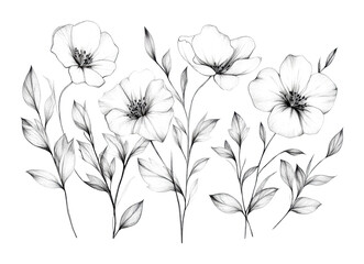 Elegant floral sketches art studio minimalist close-up nature beauty cut out on transparent background