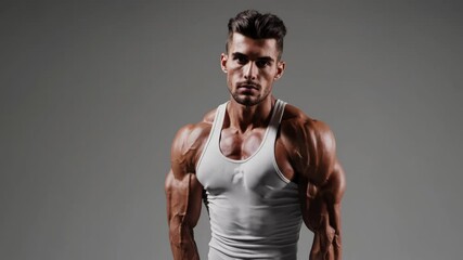 handsome young bodybuilder model standing in a wide, broad stance, confident look, huge arms, massive chest, vascular - Powered by Adobe