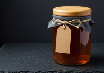 A glass jar of honey with a wooden lid and a blank brown label sits on a dark surface