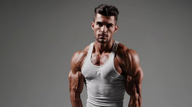 handsome young bodybuilder model standing in a wide, broad stance, confident look, huge arms, massive chest, vascular
