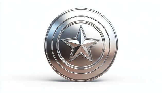 Realistic Metal Chrome Comics Shield With Star Design And Centered Star Emblem - High-Quality Metal Circle Shield In Stock - Powered by Adobe