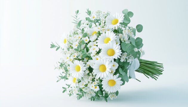 Stunning Wedding Bridal Bouquet With White Roses, Astromas, Yellow Daisies, And Eucalyptus. Ideal For Wedding, Engagement, And Bride And Groom.