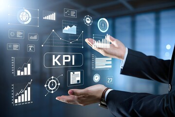 Business executive using KPI performance indicators with AI data analytics and digital dashboards to measure growth, optimize strategy, and digital transformation management