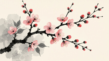 Naklejka premium Elegant cherry blossom branch with pink flowers in a traditional asian artistic style ideal for art design and decorative applications