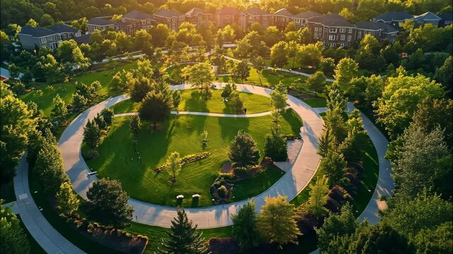 Top view of circular city park with walking paths and green trees. 