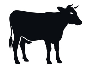 Fototapeta premium Single cow silhouette vector on white background for icon or logo eps file format black and white, standing cow.