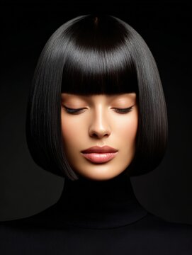 Beautiful Model with Black Hime Cut Wig and Stunning Makeup Look