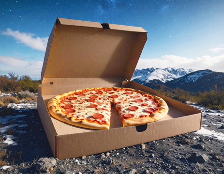 Pepperoni pizza delivery on a mountain. AI