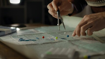 A person focuses on a map, using a compass and colored pins to mark key locations. This activity occurs indoors, showcasing meticulous planning in a warm, inviting setting