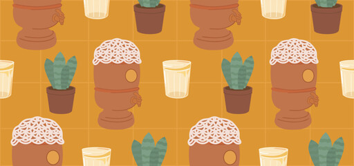 Brazilian seamless vector set. Filtro de barro, copo americano and snake plant pattern for textile and packaging