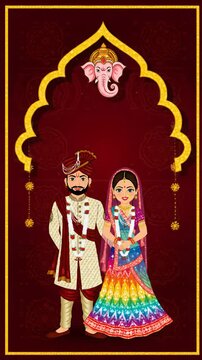 Stylized graphic animation of a cartoon indian couple in vibrant hindu wedding attire (groom in sherwani, bride in lehenga), intricately framed by an ornate gold arch with lord ganesha on a maroon
