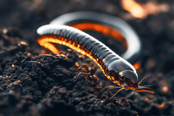 Fototapeta premium Earthworms wriggle through dark fertile soil creating aeration and improving soil texture. Close-up view showcases natural habitat. Concept of gardening, agriculture, soil health