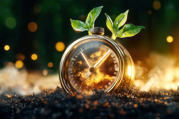 Compost thermometer measures heat in steaming compost pile. Soft sunlight highlights temperature gauge surrounded by vibrant green leaves and earthy textures