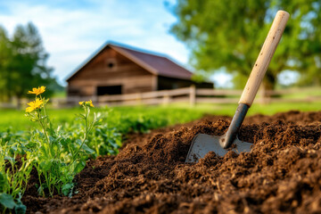 Compost turning tool leans against freshly prepared organic fertilizer with wooden barn visible in background. Sunny day creates vibrant atmosphere. Concept of gardening, sustainability, agriculture