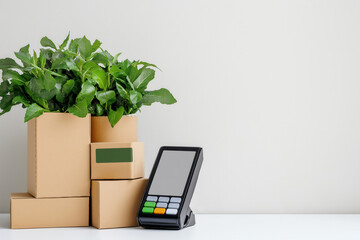 Payment terminal stands next to vibrant greenery in cardboard boxes. Minimalistic setting with clean background. Concept of retail, sustainability, eco-friendly business practices