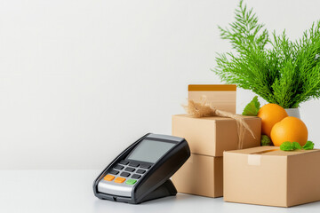 Credit card swiped through mobile card reader with produce boxes stacked nearby. Clean bright setting with fresh oranges and green accents. Concept of grocery delivery, retail, mobile payments