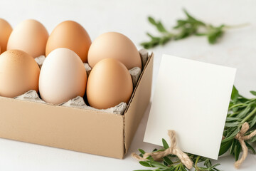 Delivery box displays fresh eggs nestled in protective carton with vibrant herbs alongside handwritten thank-you note. Clean white background enhances simplicity