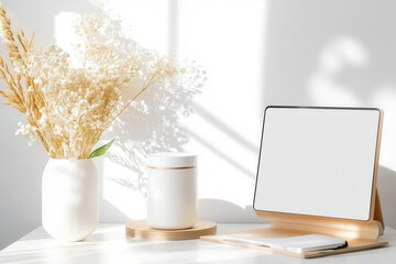 Desktop monitor displays order confirmation screen for fresh dairy products in minimalist design. Bright workspace with natural light and clean layout promotes freshness and professionalism