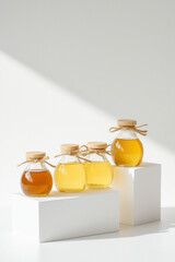 Organic honey displayed in elegant glass jars with eco-friendly packaging. Minimalist setting emphasizes product quality and sustainability. Concept of health food, organic goods, wellness