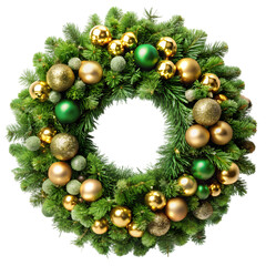 Festive christmas wreath adorned with glittering gold and green ornaments on black backdrop