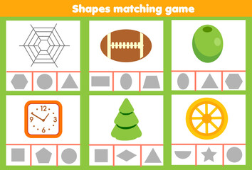 Matching children educational game. Match real life objects with shapes. Learning forms activity for kids and toddlers.