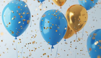 Extravagant Grand Opening With Realistic Foil Balloons, Golden Confetti, Serpentine, And Blue Decorations To Celebrate The Occasion