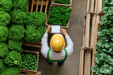 Farmer using digital platform to manage inventory while surrounded by neatly stacked crates of fresh produce. Modern warehouse setting highlights agriculture technology
